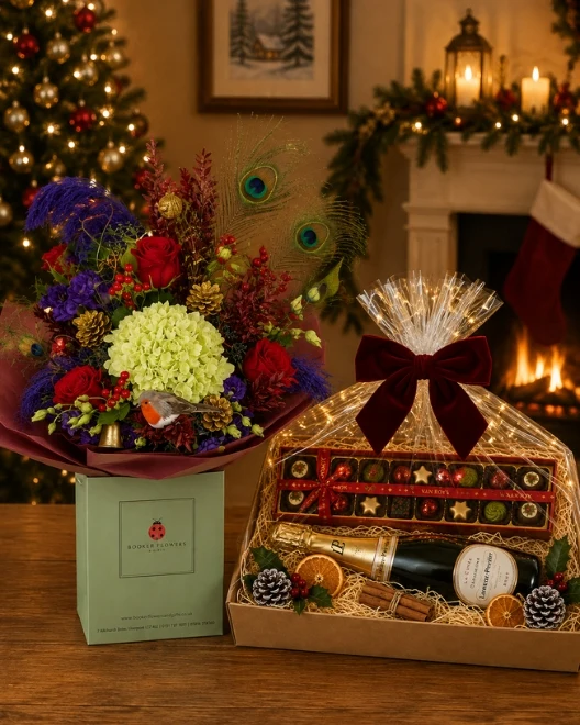 Tinsel Town Christmas Floral Handtied and Luxury Chocolates and Champagne Hamper