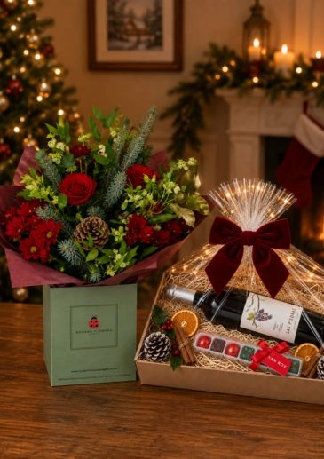 Christmas Cracker Bouquet of Flowers with Malbec Wine and Belgian Chocolate