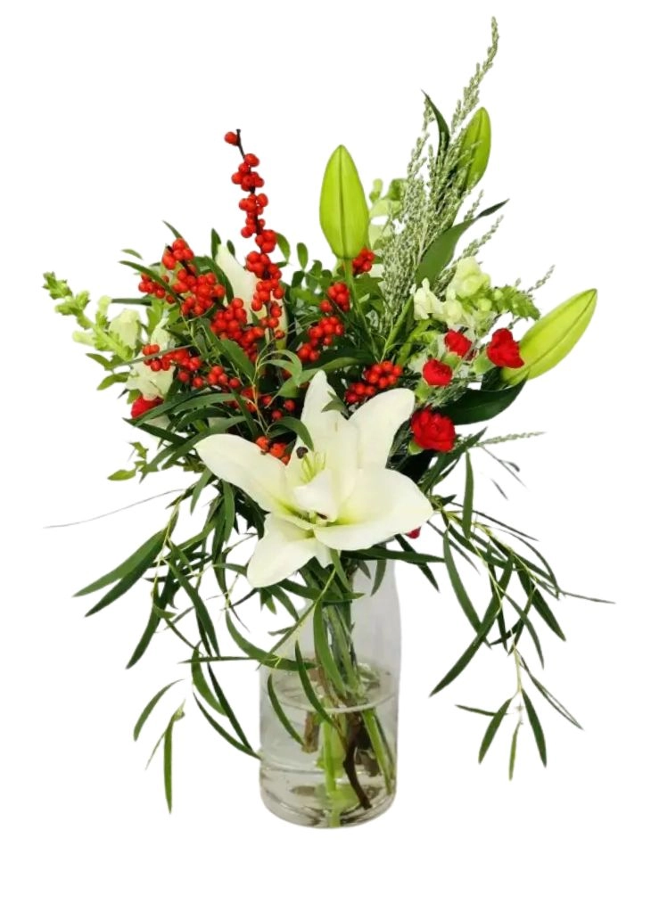 Christmas Holiday Vase of Lilies and Berries Christmas Holiday Vase of Lilies and Berries