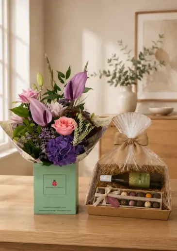 Crisp Autumn Bouquet of flowers wine and Luxury Chocolate Hamper