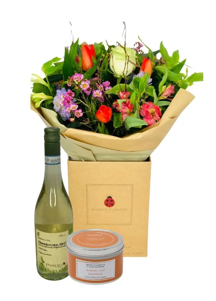 Flowers for Mothers Day delivery on Sunday with candle and wine gift set Flowers for Mothers Day delivery on Sunday with candle and wine gift set