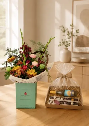 Luxury Autumnal flower Bouquet Chocolates and Orange Wine Hamper