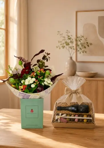 Moody Autumn Bouquet Prosecco and Luxury Belgian Chocolate Gift Hamper Delivery