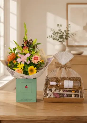 Peach Autumn bouquet Rose wine and Chocolate Hamper