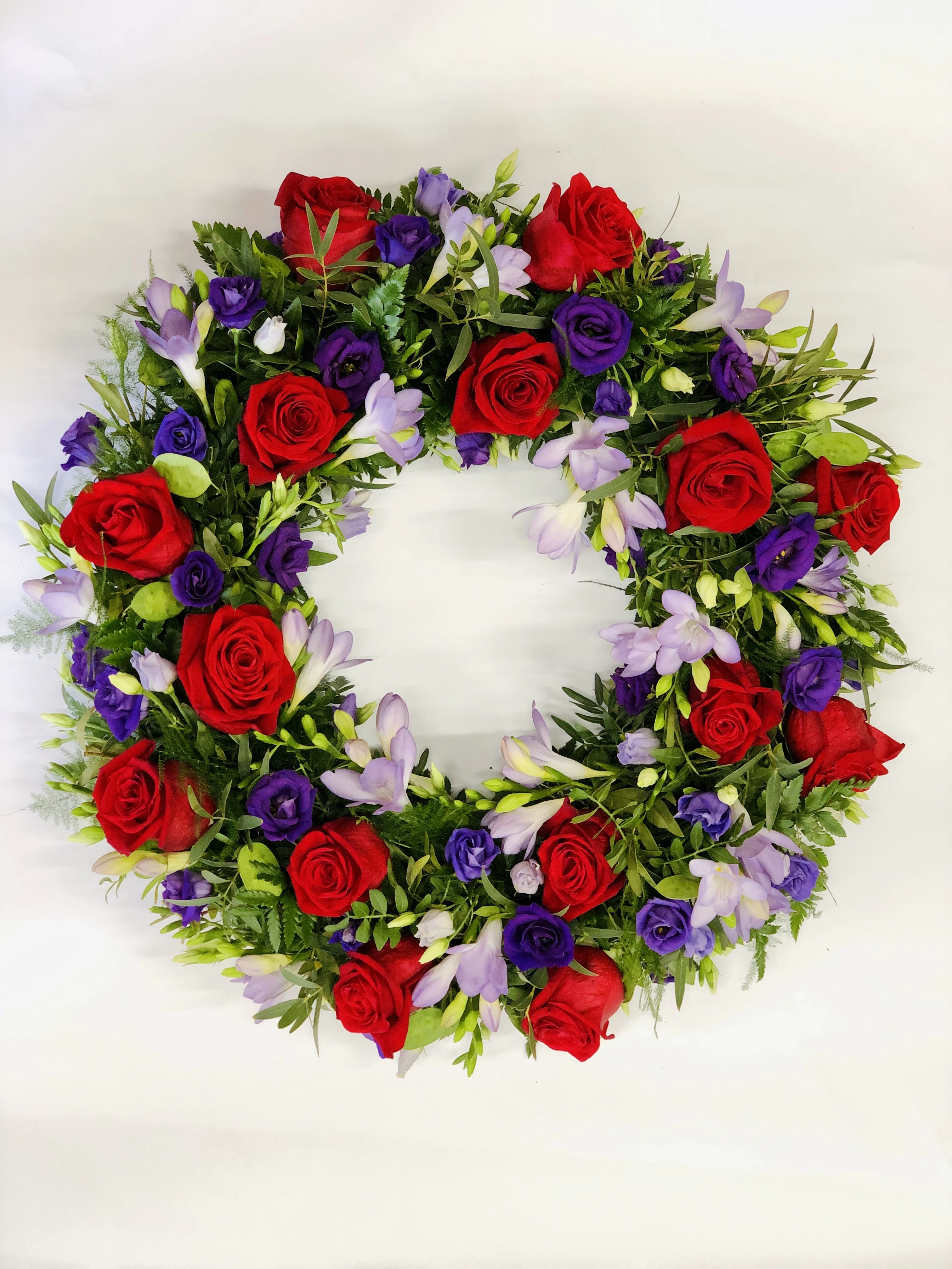 Red Rose and Purple Lisianthus Funeral Wreath Large Red Rose and Purple Lisianthus Funeral Wreath Large