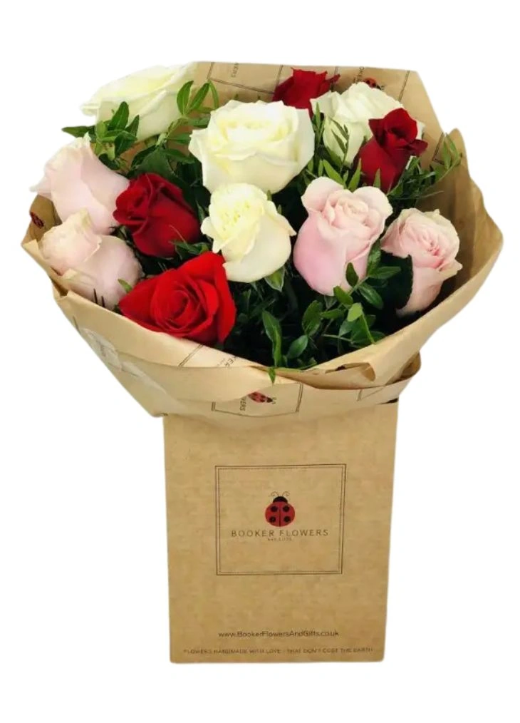 Red White and Pink Rose Medley Handtied Red White and Pink Rose Medley Handtied